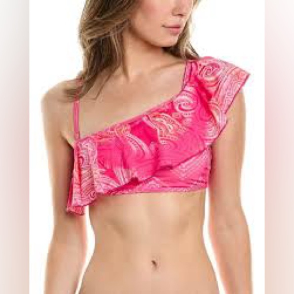 Ramy Brook Luna Bikini Top Pink Colorful Ruffle Boho Size Large
